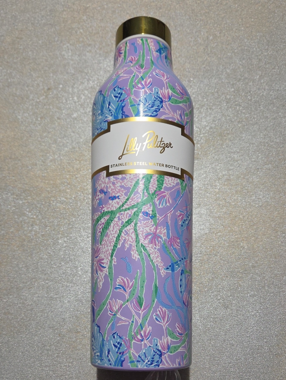 Lilly Pulitzer Purple Floral Stainless Steel Water Bottle with Gold Accent